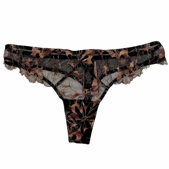 NWT VICTORIA'S SECRET Very Sexy Thong Sz LARGE Black Mesh Lace Metallic Floral - Picture 2 of 7